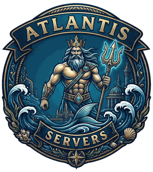 Atlantis Servers emblem: Poseidon with a glowing trident above the sunken city